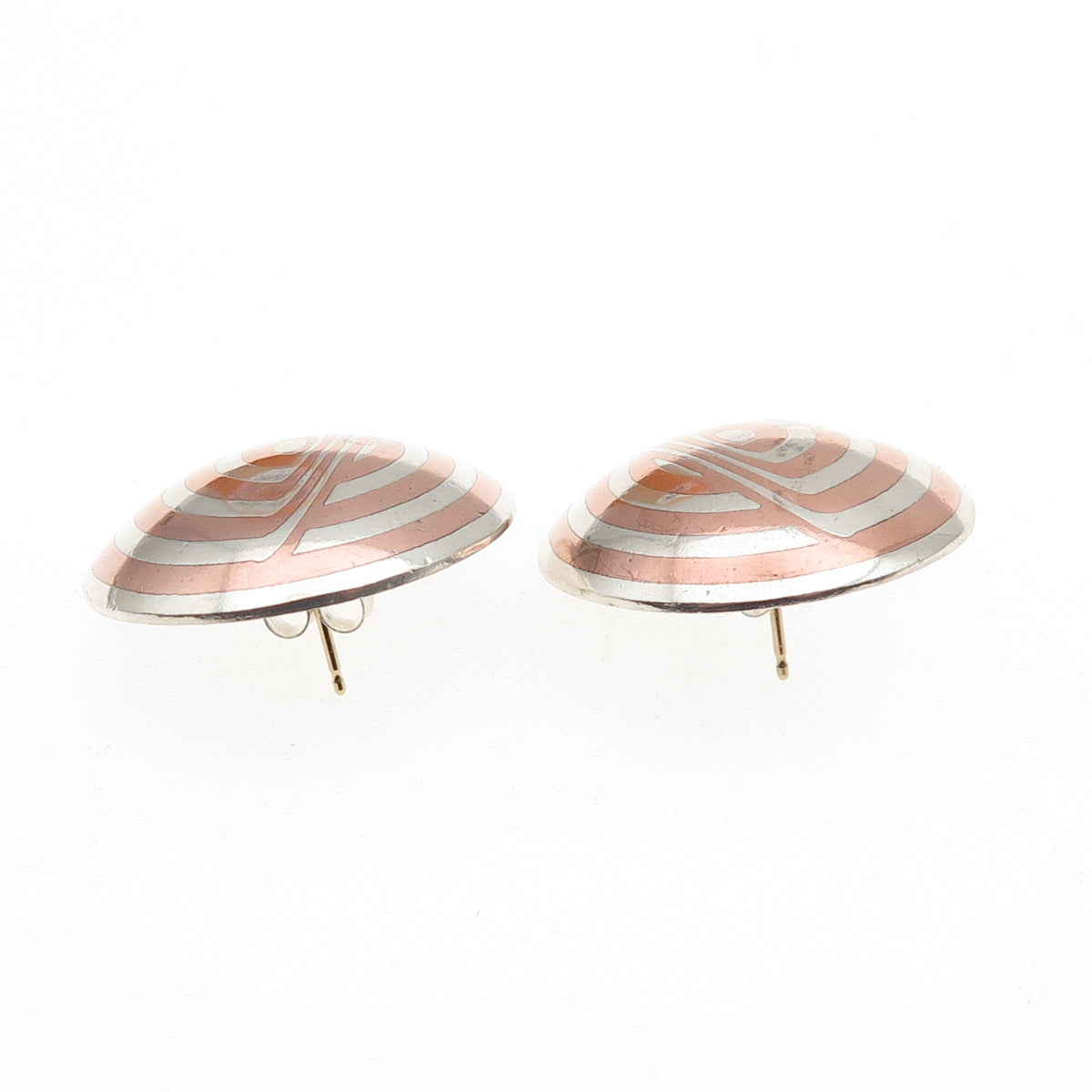 925 Sterling Silver 14K Gold Posts 2-Tone Vintage Modernist Dome Earrings