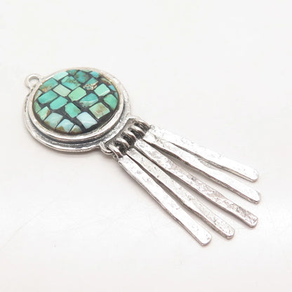 925 Sterling Silver Vintage Real Turquoise Gem Multi-Bar Ethnic Pendant