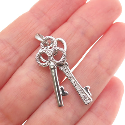 925 Sterling Silver Real Round-Cut Diamond Heart & Club Key Charm Pendant
