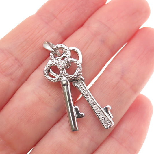 925 Sterling Silver Real Round-Cut Diamond Heart & Club Key Charm Pendant