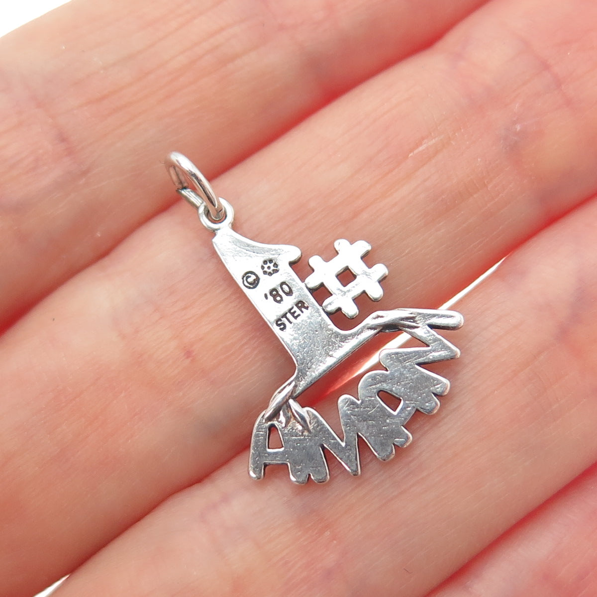 925 Sterling Silver Vintage 1980 #1 Mama Oxidized Minimalist Charm Pendant
