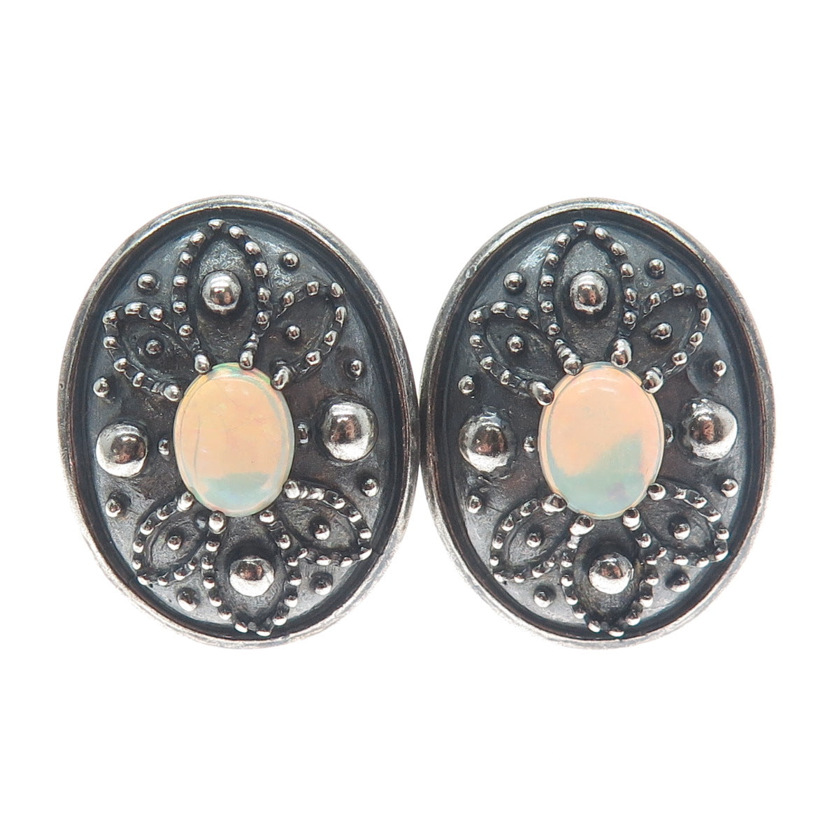 925 Sterling Silver Vintage Real Opal Granulated Oxidized Clip On Earrings