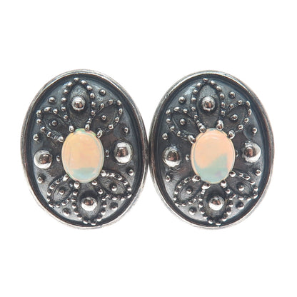 925 Sterling Silver Vintage Real Opal Granulated Oxidized Clip On Earrings