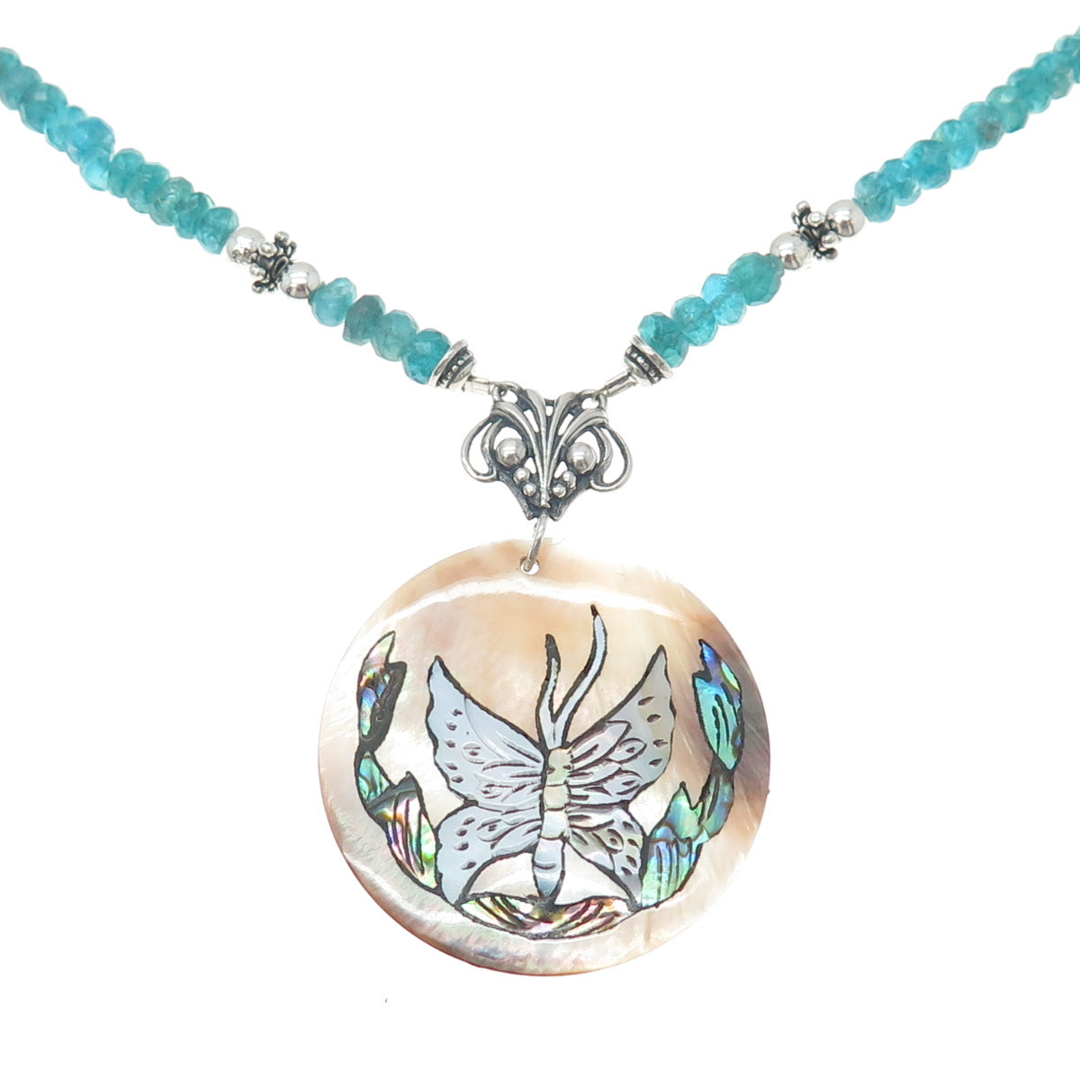 925 Sterling Silver Vintage Abalone Shell & Apatite Butterfly Chain Necklace 18"