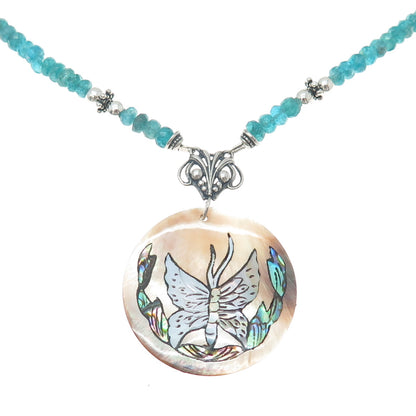 925 Sterling Silver Vintage Abalone Shell & Apatite Butterfly Chain Necklace 18"