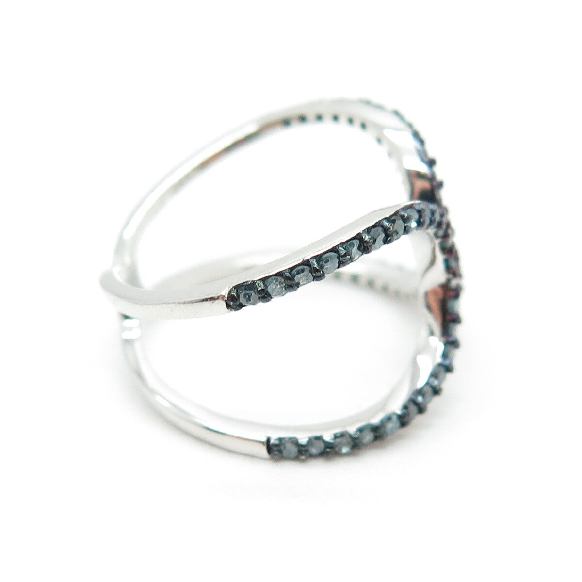 925 Sterling Silver Real Round-Cut Fancy Blue Diamond Hug Ring Size 7.25
