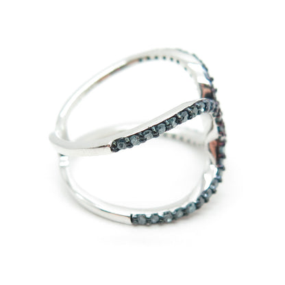 925 Sterling Silver Real Round-Cut Fancy Blue Diamond Hug Ring Size 7.25