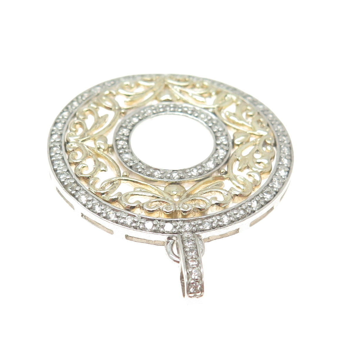 925 Sterling Silver 2-Tone Round-Cut C Z Floral Circle Pendant