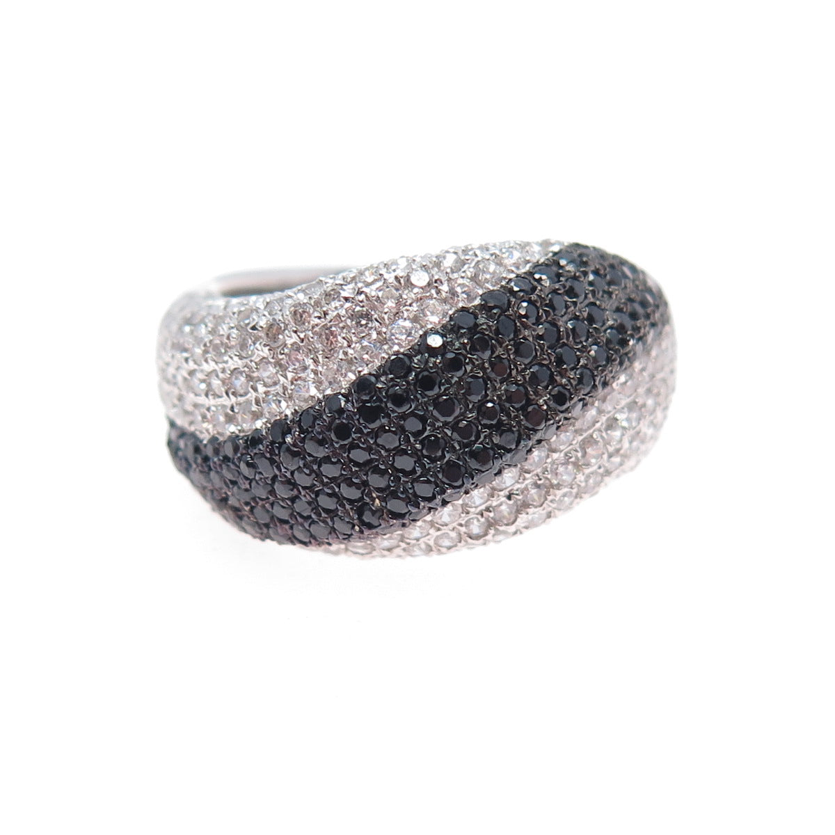 925 Sterling Silver Real Round-Cut Black Spinel & C Z Wavy Ring Size 6.5
