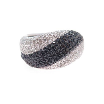 925 Sterling Silver Real Round-Cut Black Spinel & C Z Wavy Ring Size 6.5