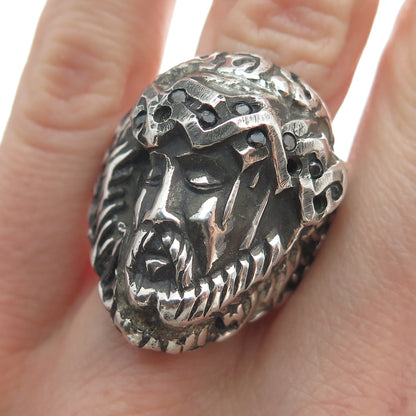 925 Sterling Vintage Real Black Diamond Jesus Ring Size 12.75 (missing 3 stone)