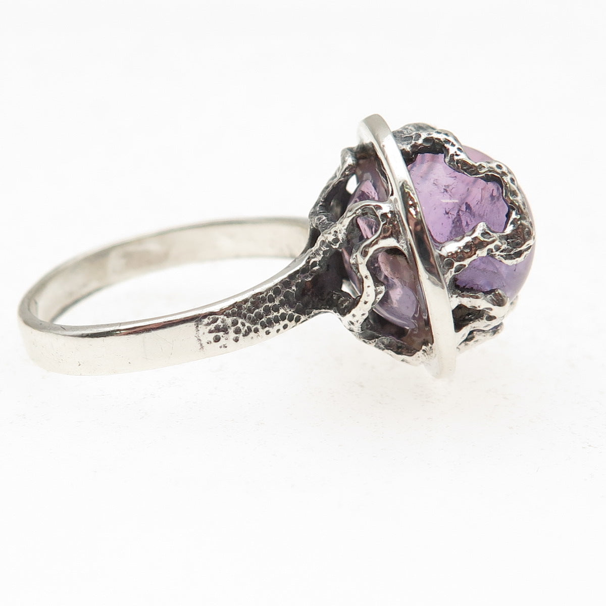 925 Sterling Silver Vintage Real Amethyst Modernist Oxidized Ring Size 9