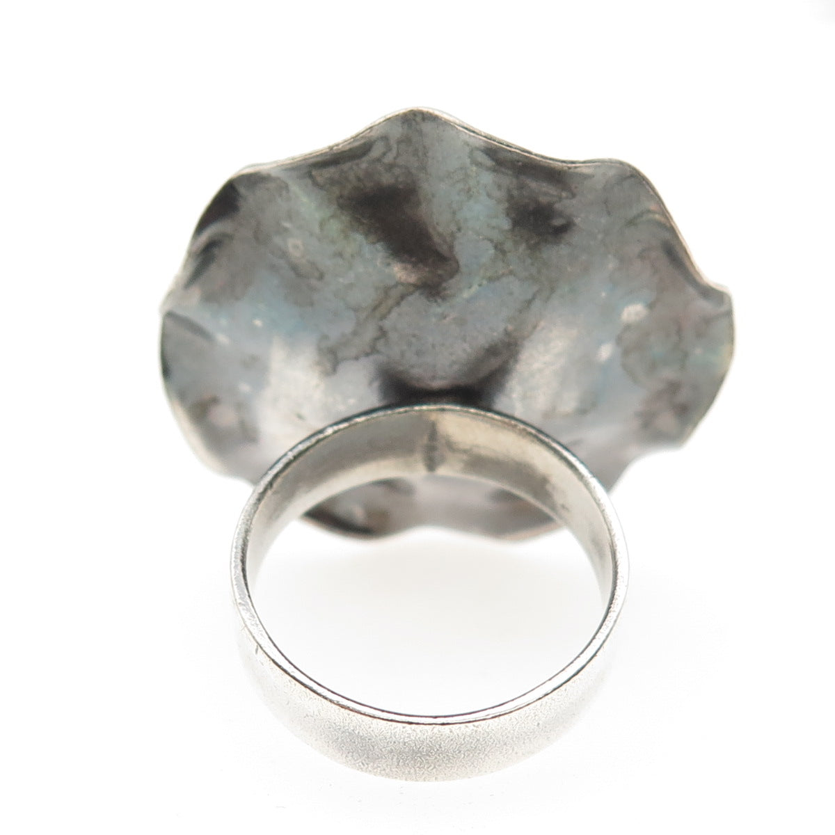 925 Sterling Silver Vintage Modernist Flower Statement Oxidized Ring Size 8.75