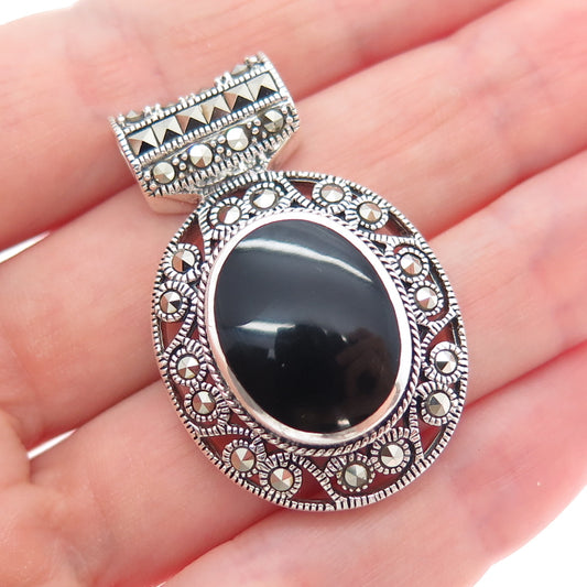 CHAPAL ZENRAY Sterling Silver Vintage Real Black Onyx & Marcasite Slide Pendant