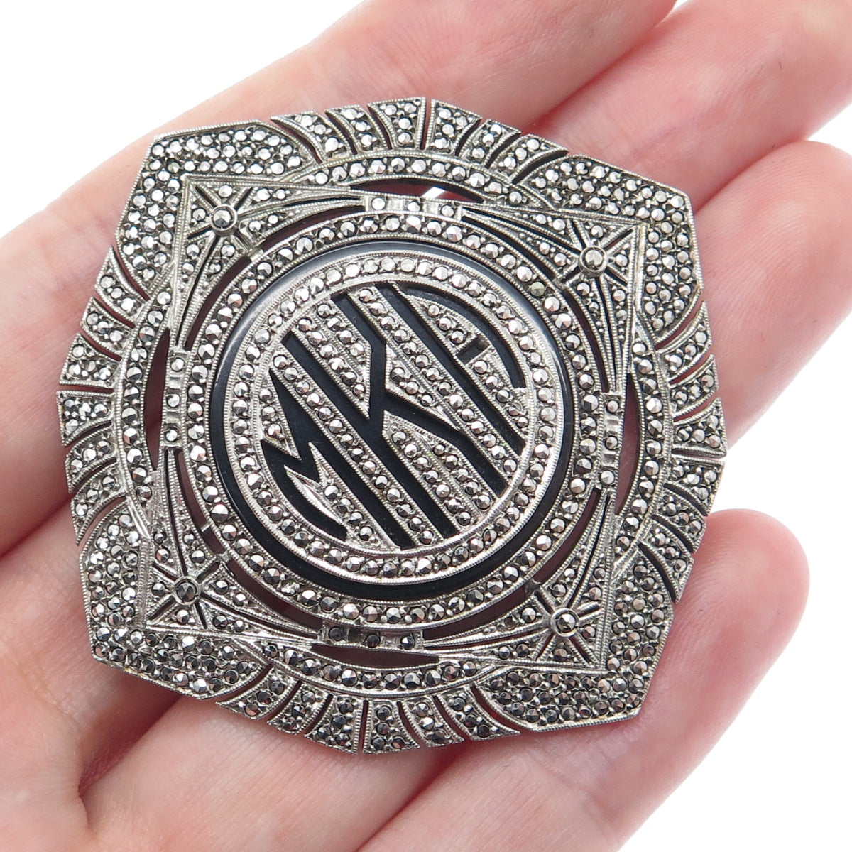 925 Sterling Silver Antique Real Black Onyx & Marcasite MKA Monogram Pin Brooch