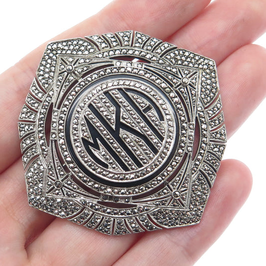 925 Sterling Silver Antique Real Black Onyx & Marcasite MKA Monogram Pin Brooch