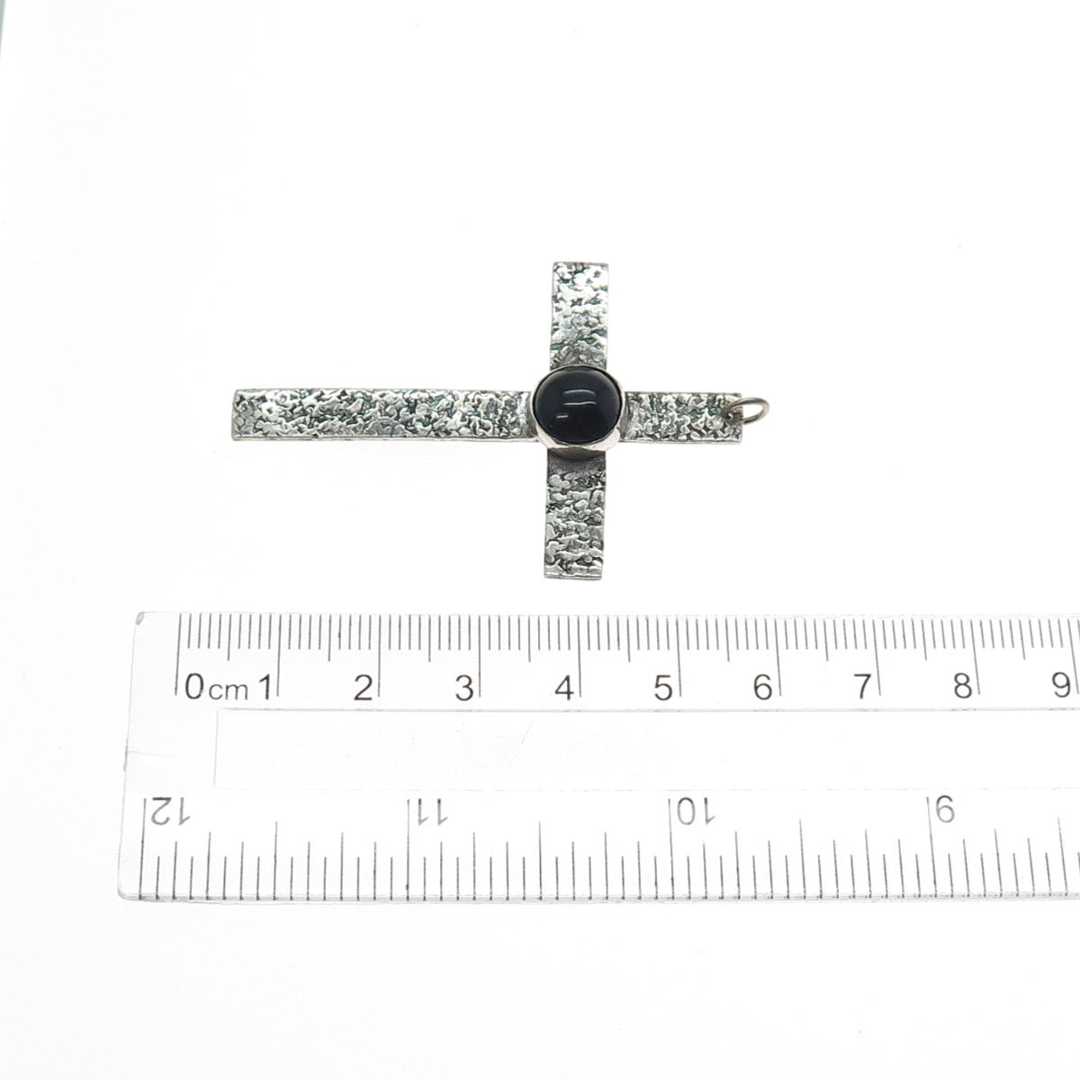 925 Sterling Silver Vintage Real Black Onyx Nugget Cross Oxidized Pendant