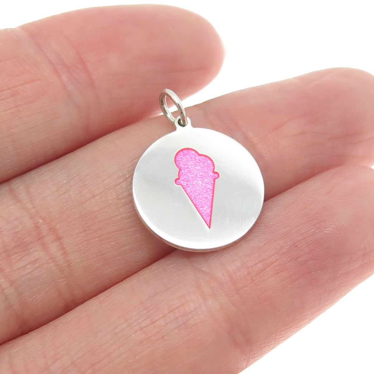 925 Sterling Silver Pink Enamel Ice Cream Round Tag Charm Pendant