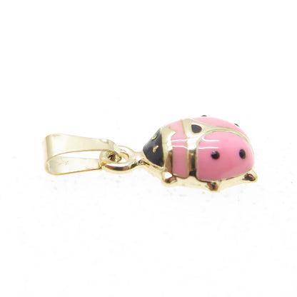 14K Yellow Gold Enamel Pink Ladybug Minimalist Charm Pendant