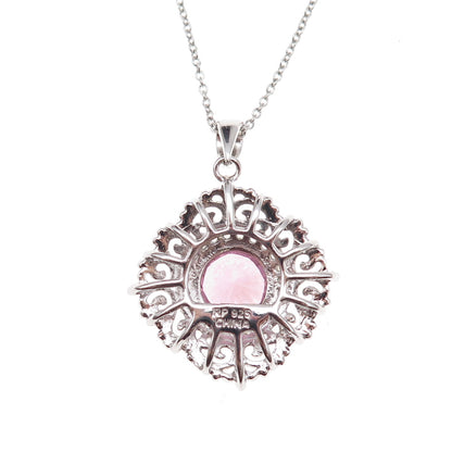 925 Sterling Silver Round-Cut Pink & White C Z Floral Cable Chain Necklace 18"