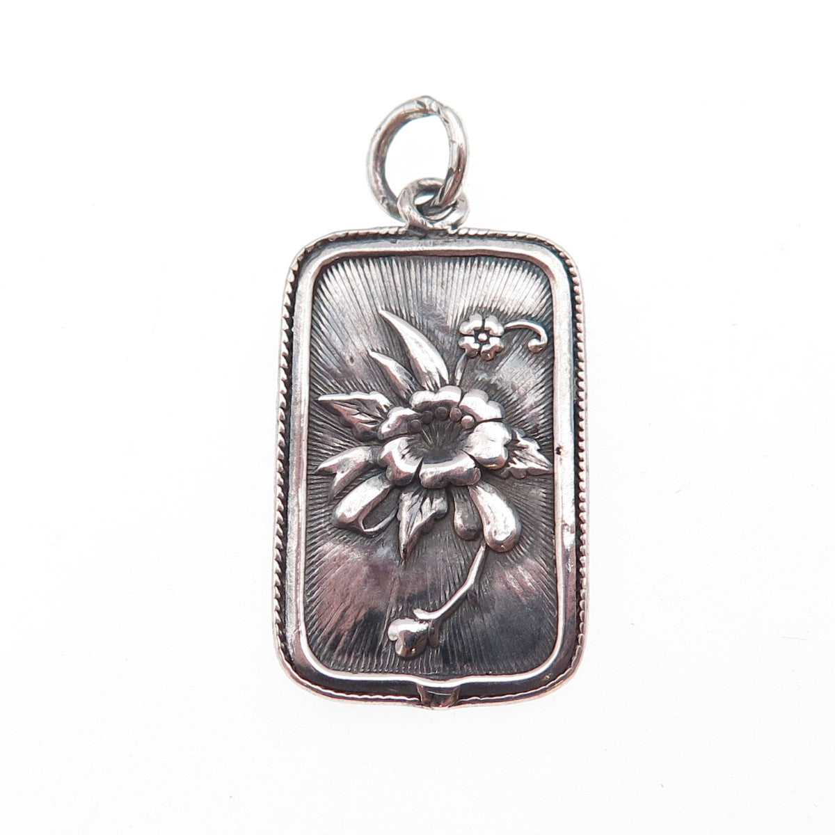 925 Sterling Silver Vintage Floral Chinese Character Oxidized Charm Pendant