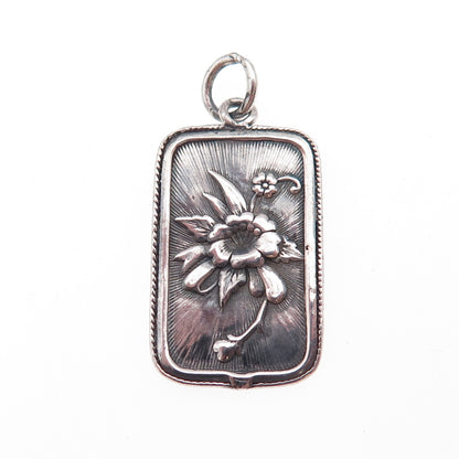 925 Sterling Silver Vintage Floral Chinese Character Oxidized Charm Pendant