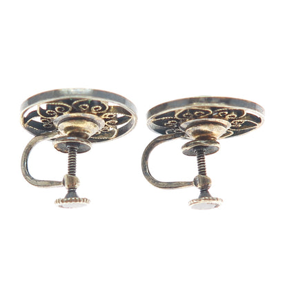 925 Sterling Silver Gold Plated Antique Real Agate Filigree Screw Back Earrings
