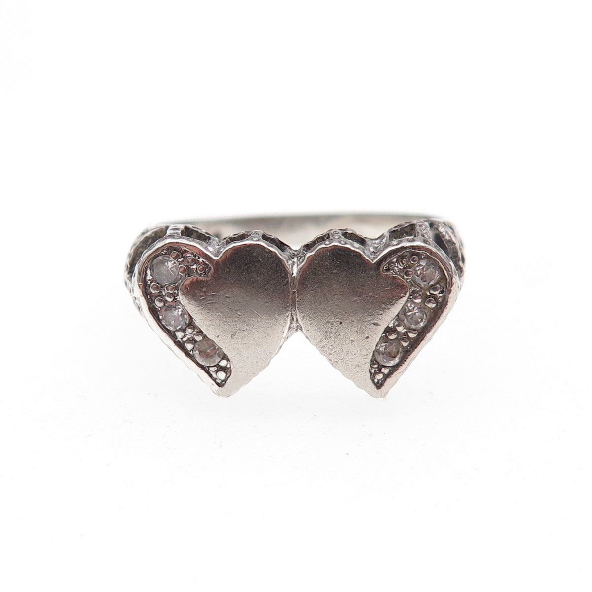 925 Sterling Silver Round-Cut C Z Couple Heart Oxidized Ring Size 6