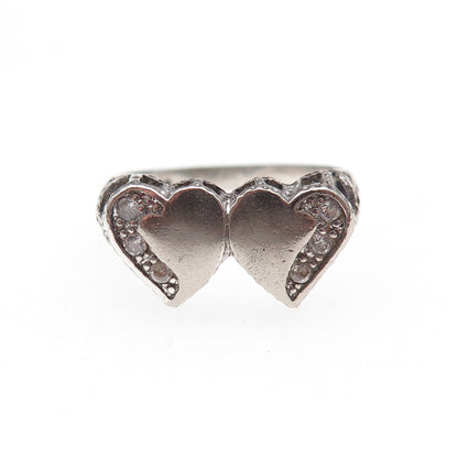925 Sterling Silver Round-Cut C Z Couple Heart Oxidized Ring Size 6