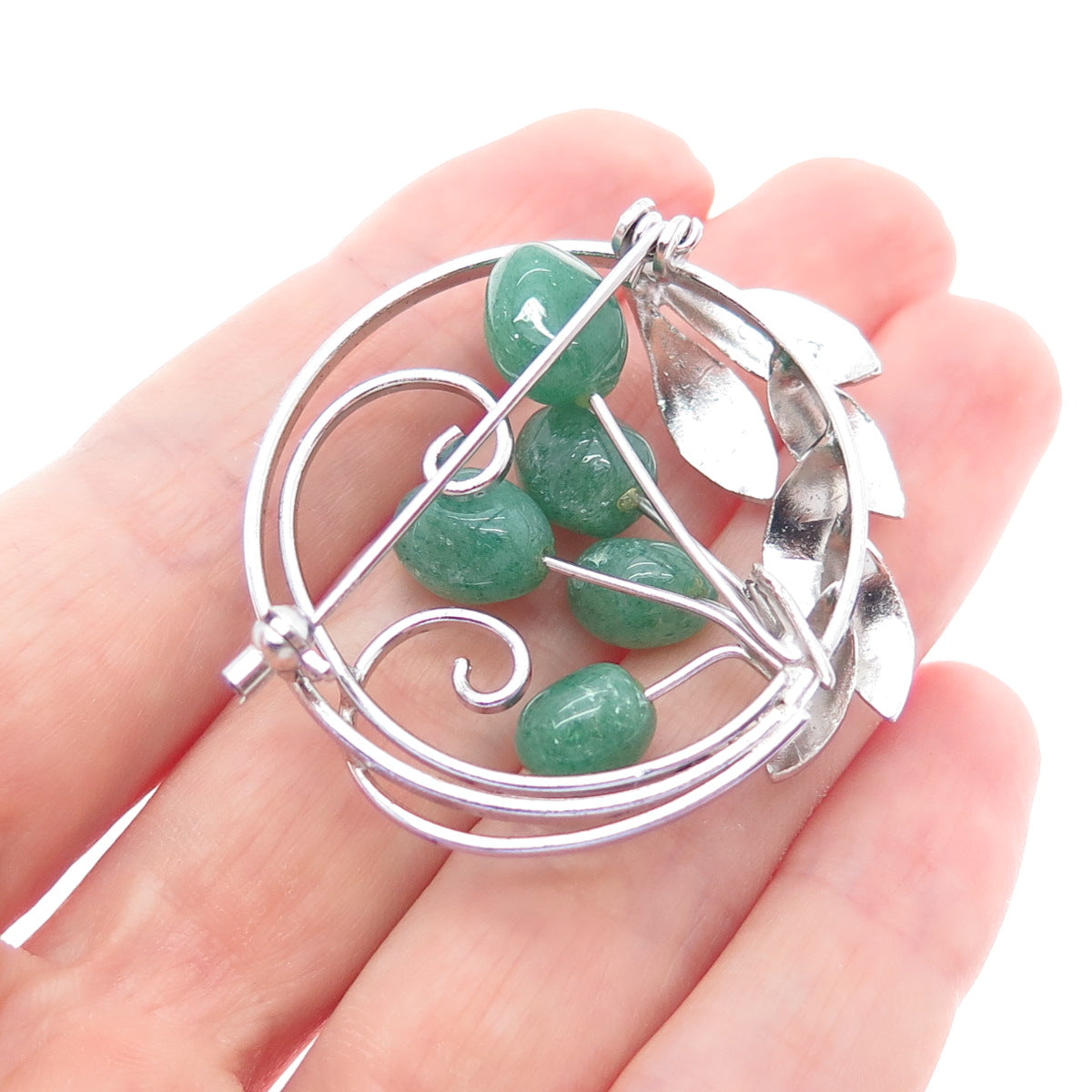 925 Sterling Silver Antique Art Deco Real Aventurine Floral Pin Brooch