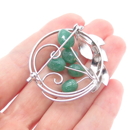925 Sterling Silver Antique Art Deco Real Aventurine Floral Pin Brooch