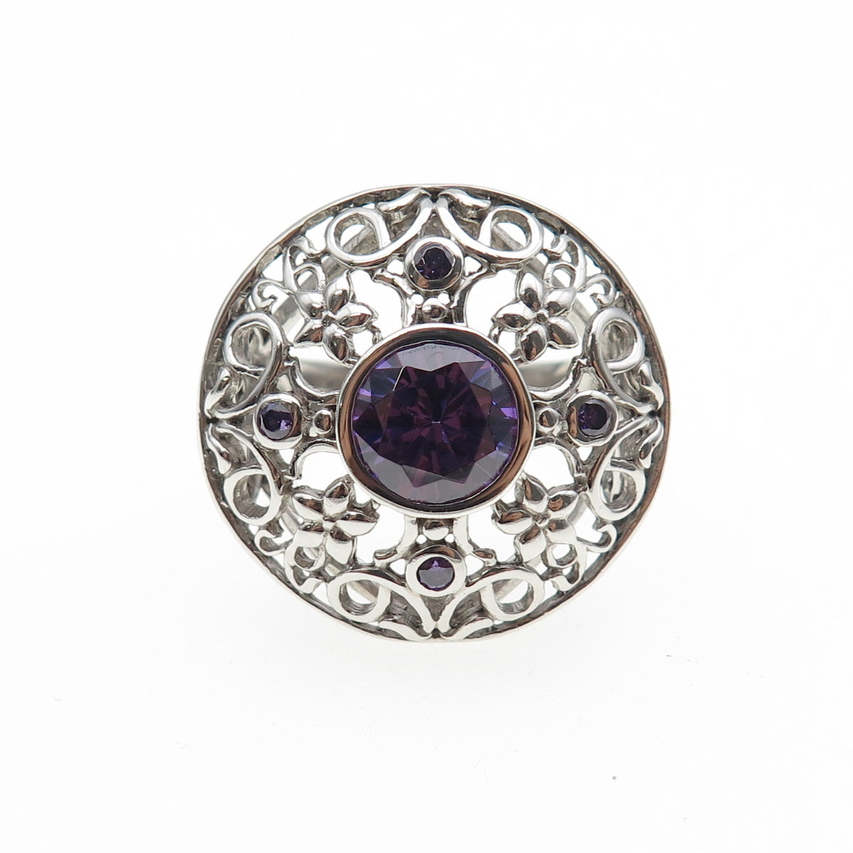 925 Sterling Silver Real Round-Cut Amethyst Ornate Flower Ring Size 8.25
