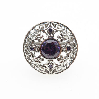 925 Sterling Silver Real Round-Cut Amethyst Ornate Flower Ring Size 8.25