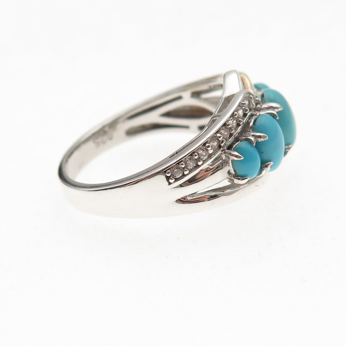 925 Sterling Silver Real Sleeping Beauty Turquoise & White Topaz Ring Size 8.25