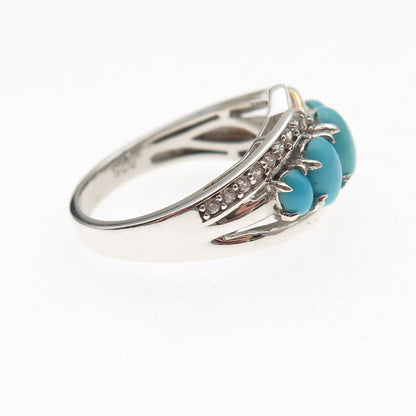 925 Sterling Silver Real Sleeping Beauty Turquoise & White Topaz Ring Size 8.25
