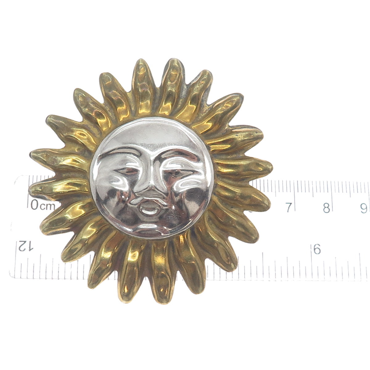 925 Sterling Silver 2-Tone Vintage Mexico Sun Face Pin Brooch / Pendant