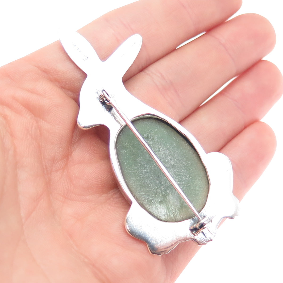 925 Sterling Silver Vintage Mexico Real Jade Rabbit Oxidized Pin Brooch