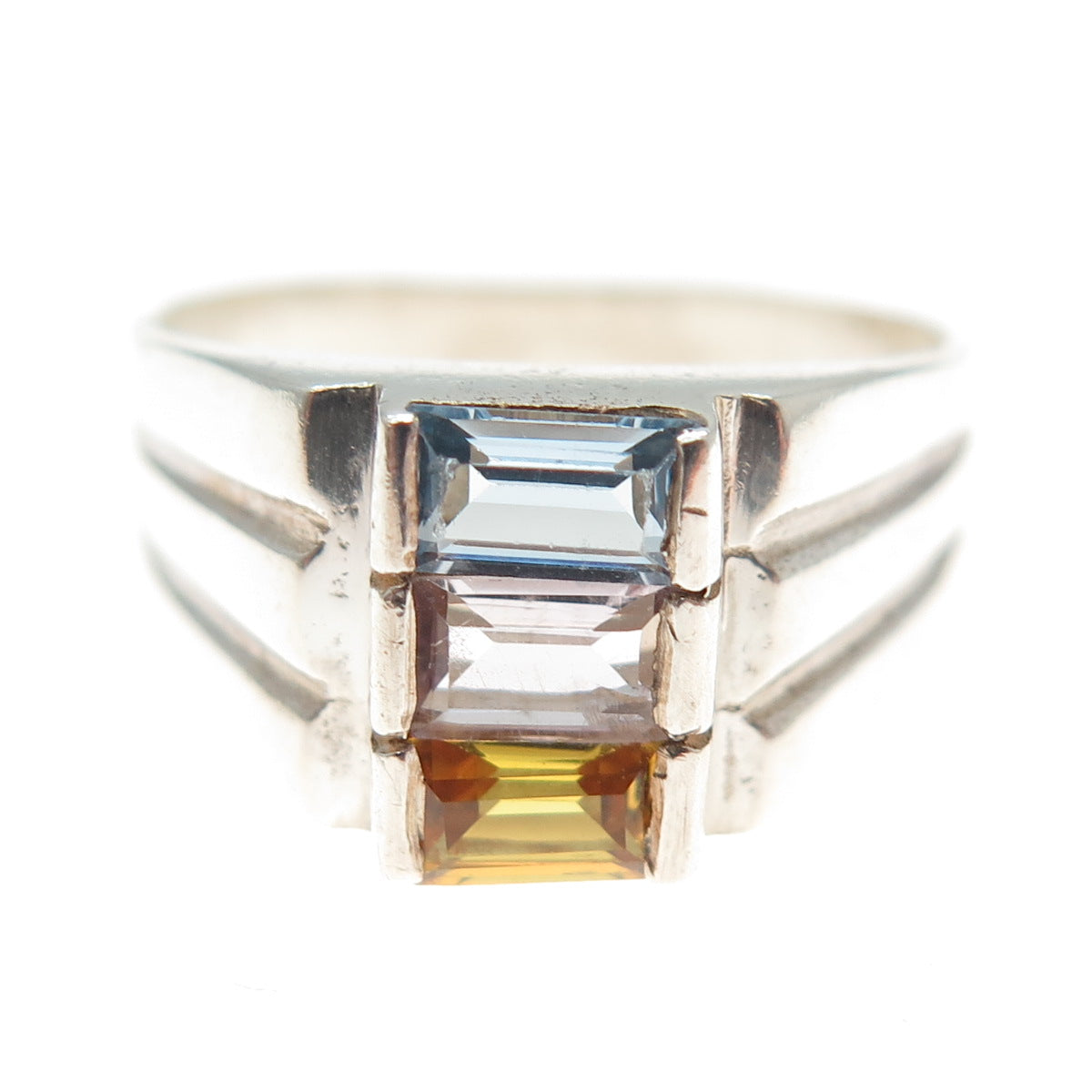 925 Sterling Silver Vintage Real Blue & White Topaz Citrine Ring Size 8