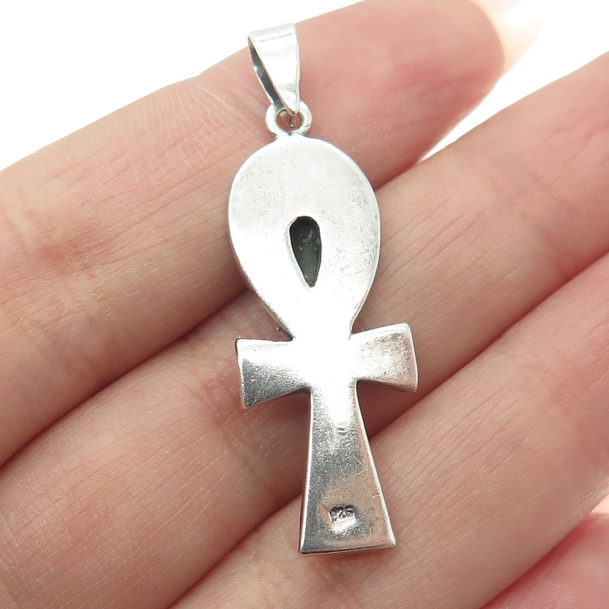 925 Sterling Silver Vintage Black Onyx Gem Egyptian Ankh Cross Pendant