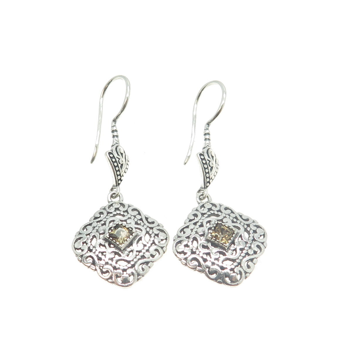 BERIA 925 Sterling Silver Princess-Cut Yellow Rhinestone Ornate Earrings