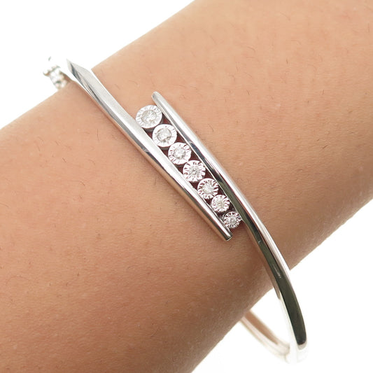 925 Sterling Silver Real Round-Cut Diamond Bypass Bangle Bracelet 7.25"