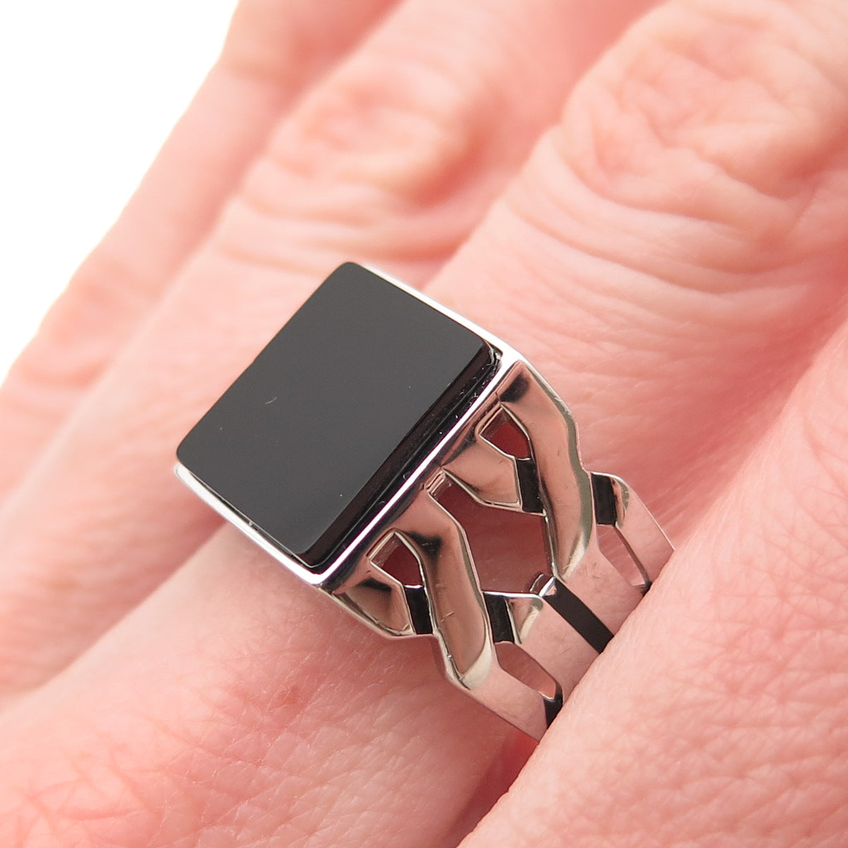 CHIMODA 925 Sterling Silver Real Black Onyx Woven Ring Size 12.25