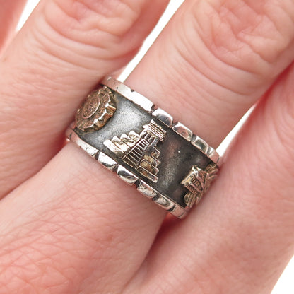 925 Sterling Silver 2-Tone Vintage Mayan Oxidized Band Ring Size 8.5
