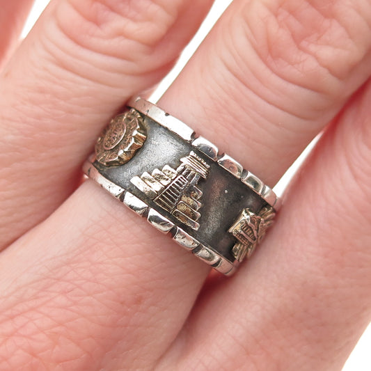 925 Sterling Silver 2-Tone Vintage Mayan Oxidized Band Ring Size 8.5