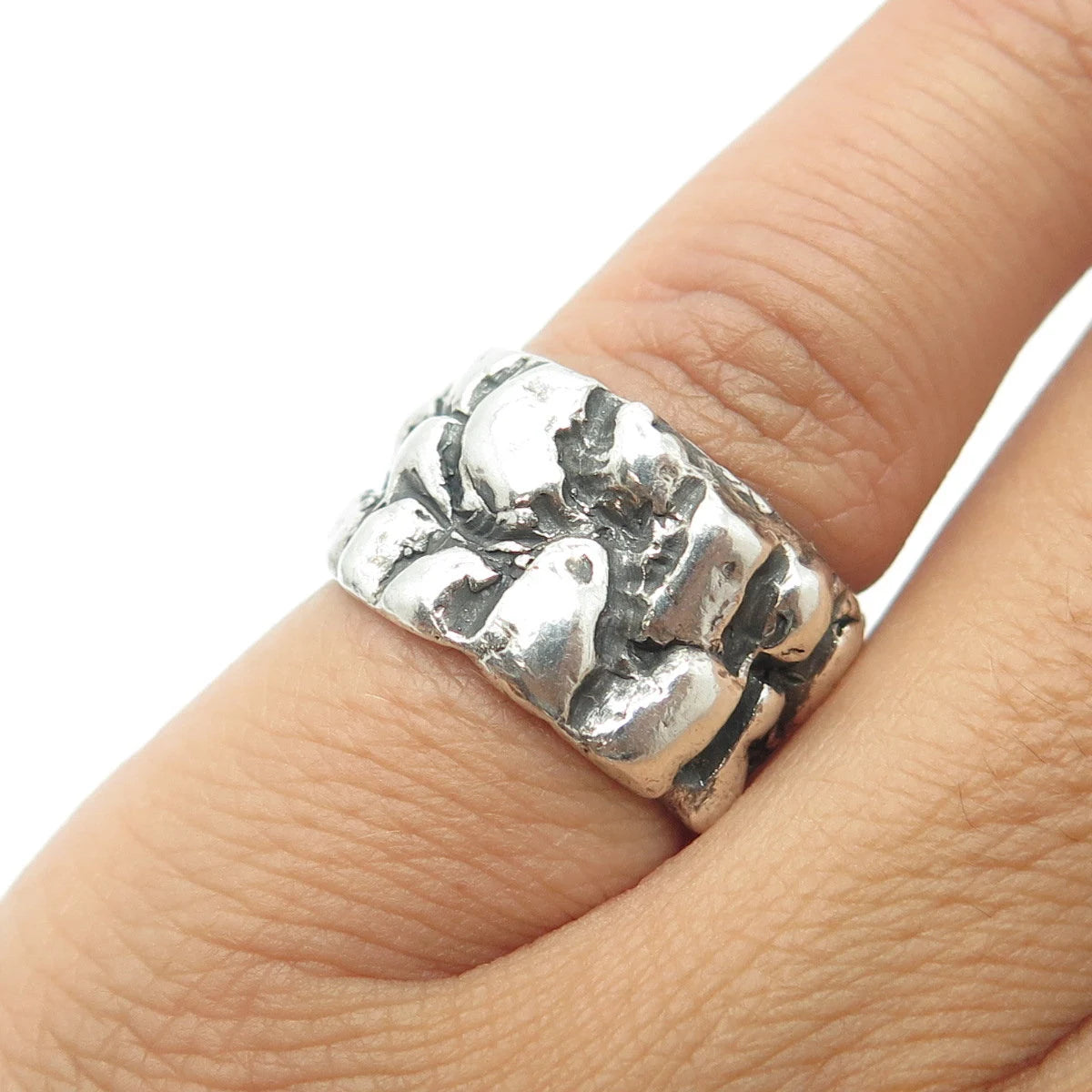 925 Sterling Silver Vintage Rock Stone Wide Band Ring Size 5