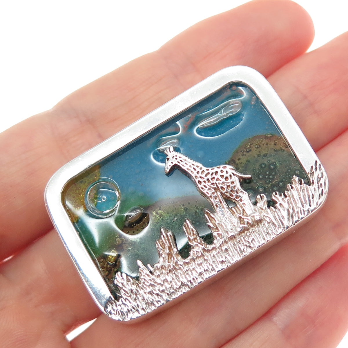 925 Sterling Silver Vintage Mexico Murano Glass Giraffe Safari Pin Brooch