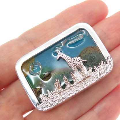 925 Sterling Silver Vintage Mexico Murano Glass Giraffe Safari Pin Brooch