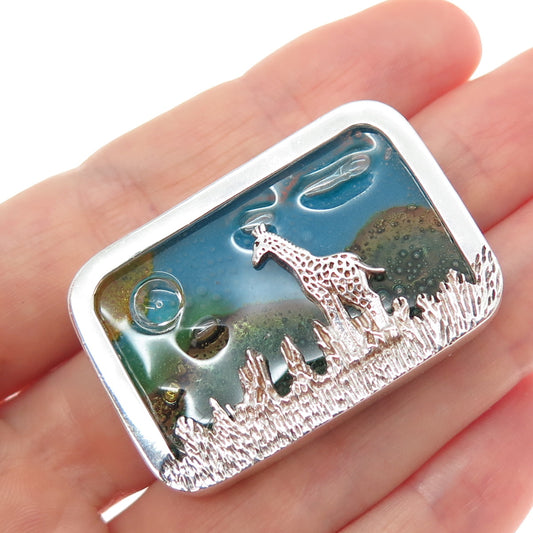 925 Sterling Silver Vintage Mexico Murano Glass Giraffe Safari Pin Brooch
