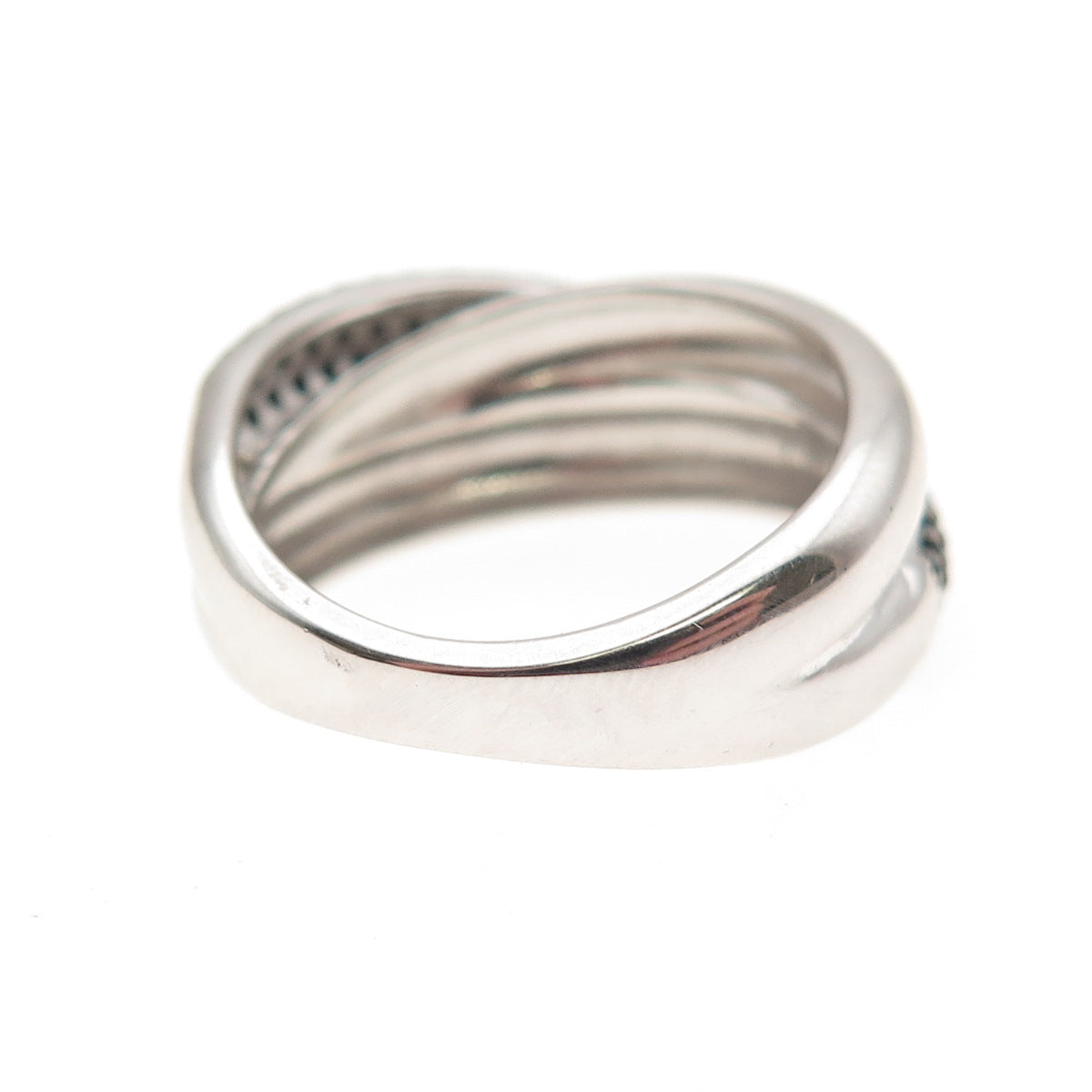 925 Sterling Silver Real Round-Cut Black Spinel Crisscross Ring Size 6.25