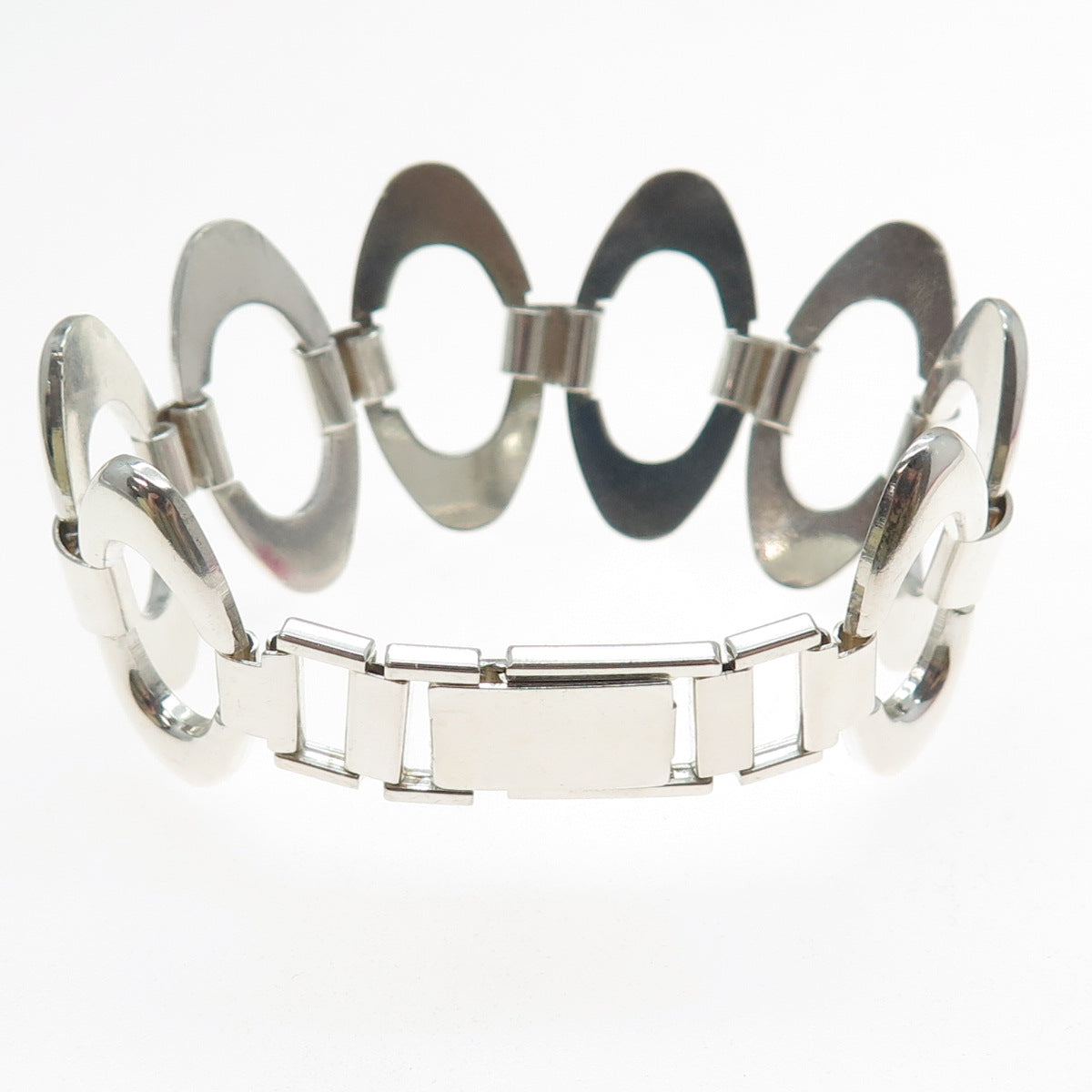 925 Sterling Silver Vintage RW Artisan Modernist Oval Link Bracelet 6.5"